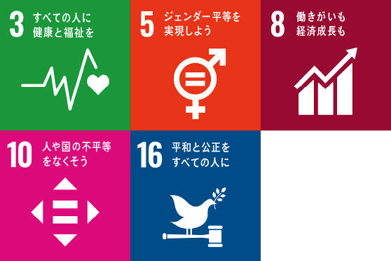 コンプライアンス遵守に関するSDGs目標3・5・8・10・16のアイコン