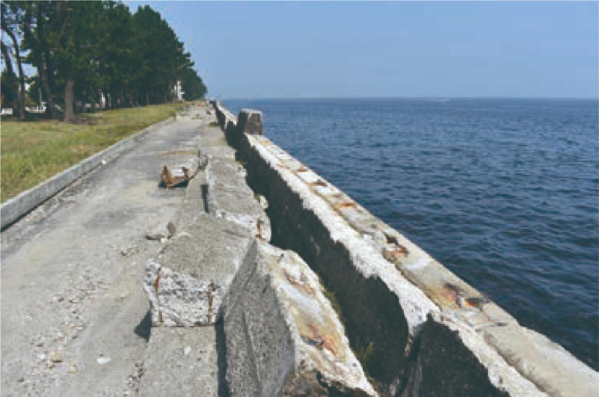 老朽化した護岸コンクリートのひび割れと空洞化の様子